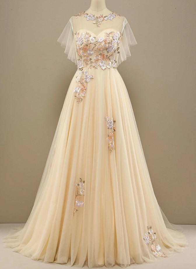 Prom Dresses Sweetheart Long Tulle Sleeves Prom Dress With Appliques