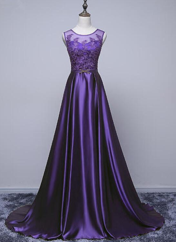open lace back dress A Line Sleeveless Long Prom Dress with Slit, Elegant Round Neck Beadin   cherishgirls