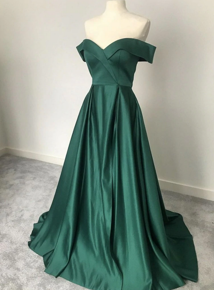 Prom Dresses Off The Shoulder Satin Long Prom Dresses, Off Shoulder Emerald Long Formal Evening Dresses