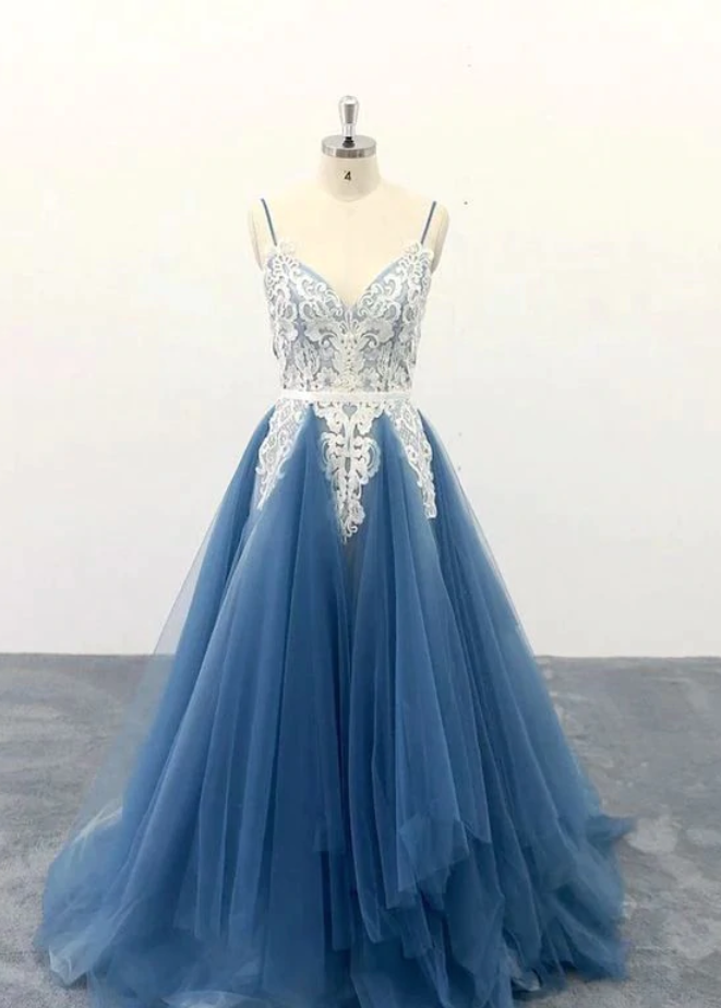 Prom Dresses V-neck Tulle Long Prom Dress With Applique