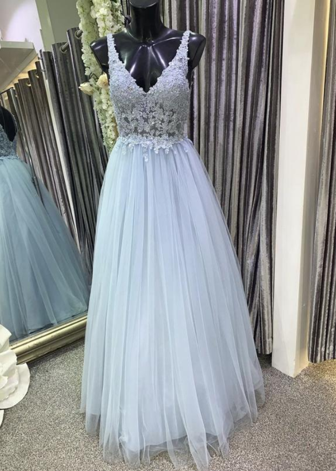Prom Dresses V Neck Tulle Lace Long Prom Dress Evening Dress