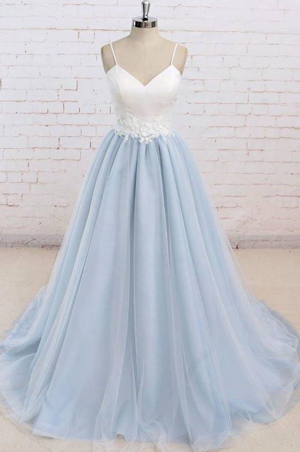 Prom Dresses Spaghetti Strap Prom Dress With Appliques, Floor Length Tulle Prom Gown