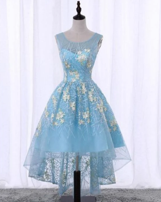 Spring Blue Lace Scoop Neck High Low Homecoming Dress With Appliques