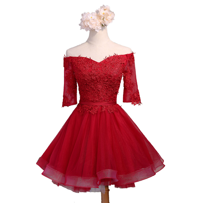 Lace Appliques Off-the-shoulder Half Sleeves Knee Length Tulle Ruffled Skater Homecoming Dress Featuring Lace-up Back