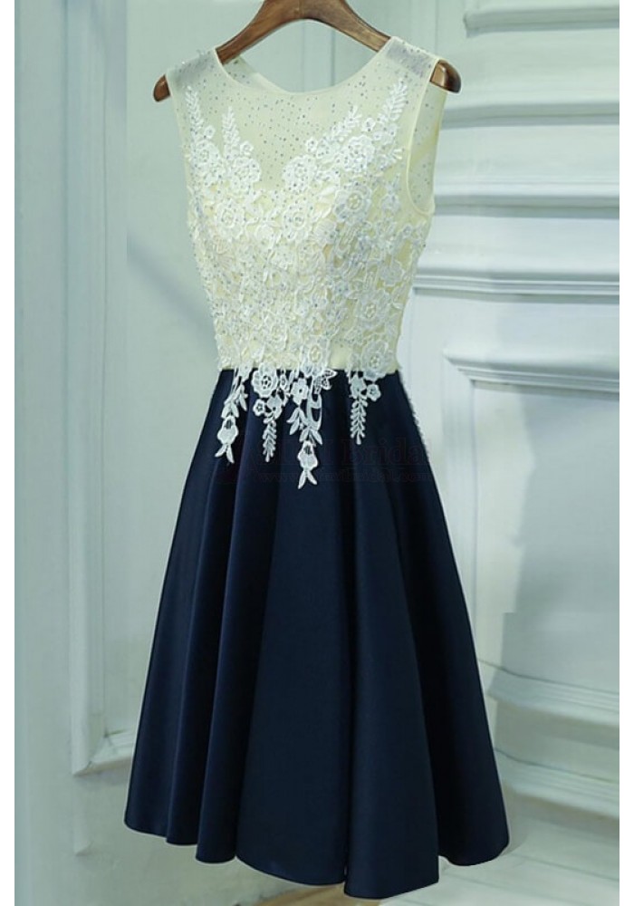 Blue Beaded Satin And Lace Homecoming Dresses, Short Party Dresses, Knee Length Prom Dress