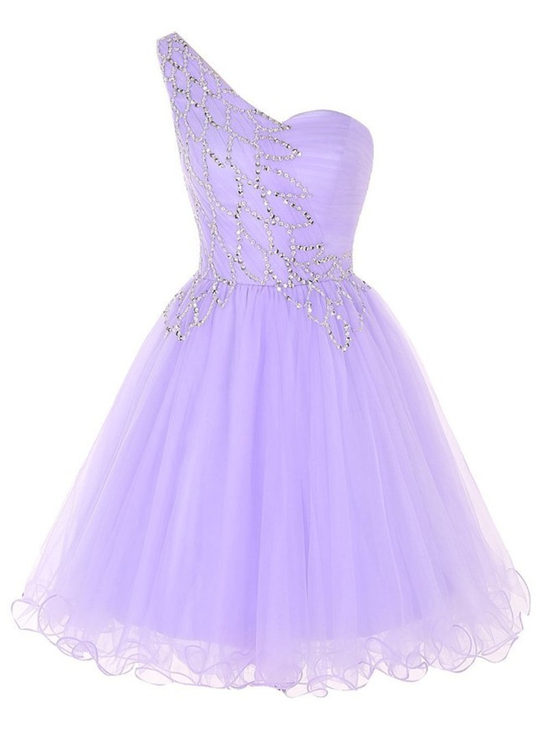 Lavender Short Tulle Homecoming Dresses, One Shoulder Party Dresses, Prom Dress