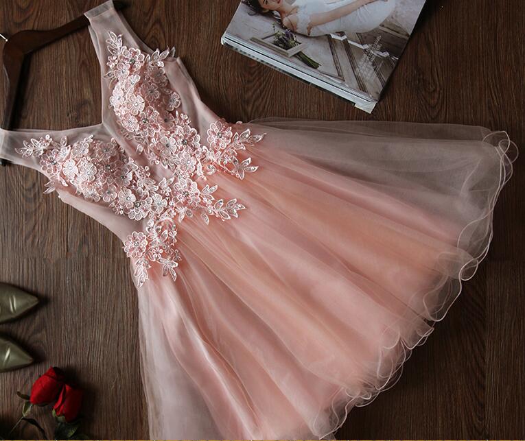 Blush Pink Homecoming Dresses, Lace Bridesmaid Dresses, Short Prom Dresses For Teens
