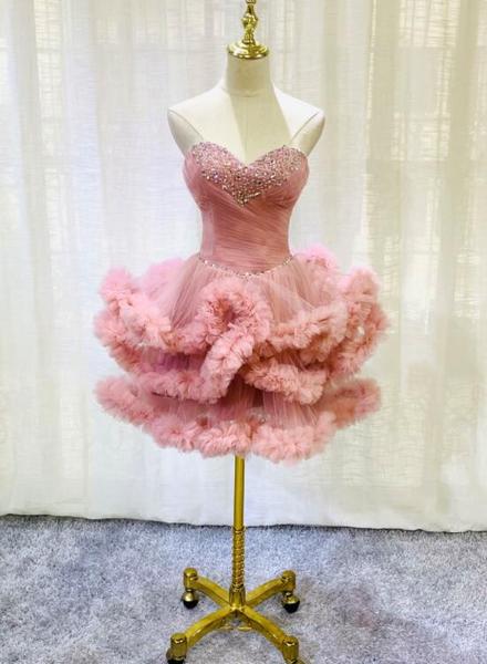 Lovely Pink Sweetheart Beaded Short Cocktail Dress, Pink Homecoming Dress, Party Dress