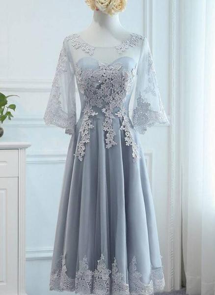 Lovely Tulle Grey Lace Party Dress With Lace, Short Formal Dress, Prom Dress