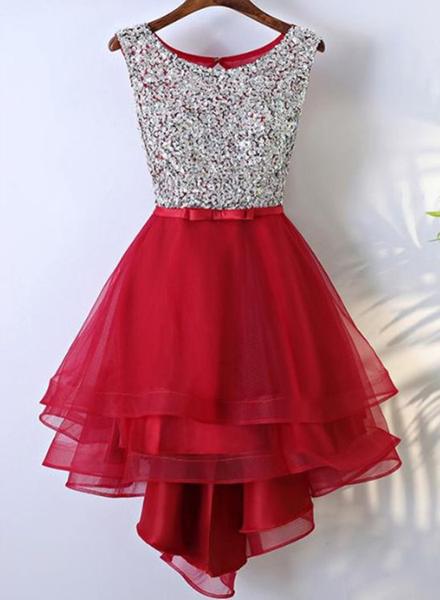 Beautiful Tulle Red Sequins High Low Party Dresses, High Low Homecoming Dresses