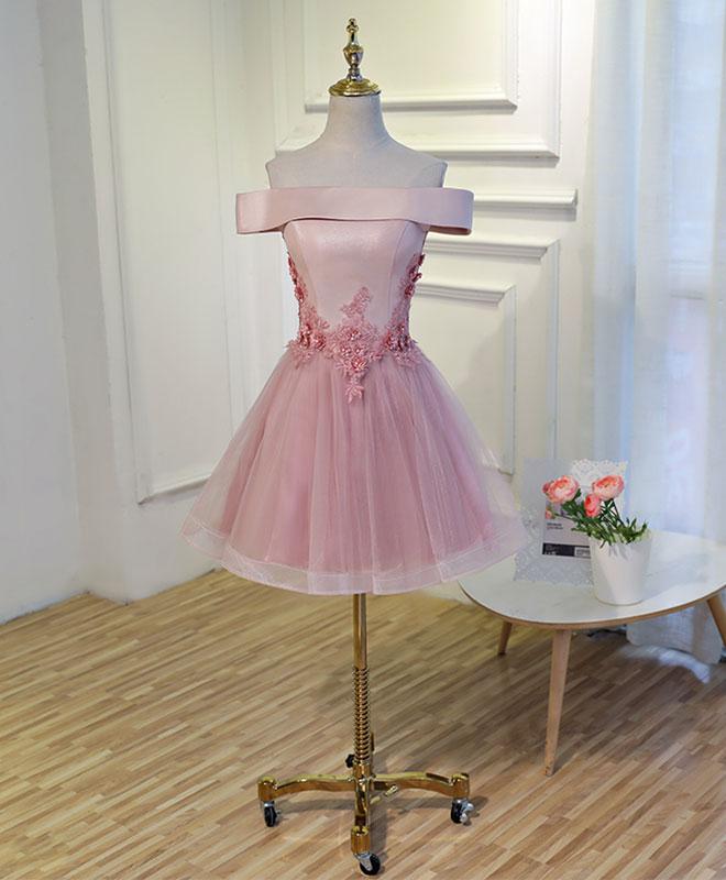 Pink A Line Off Shoulder Knee Length Prom Dress,lace Evening Dress