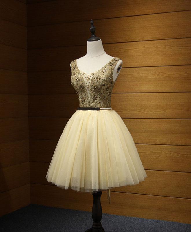 Cute Gold Tulle Lace Short Prom Dress,cute Evening Dress