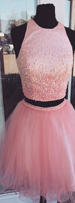 Pink Beading Tulle Short Prom Dresses,homecoming Dresses,open Back Two Pieces Homecming Dress