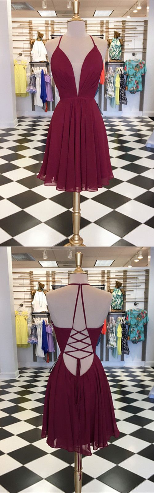 Burgundy A-line Plunge V-neck Chiffon Homecoming Dress For Cocktail Party