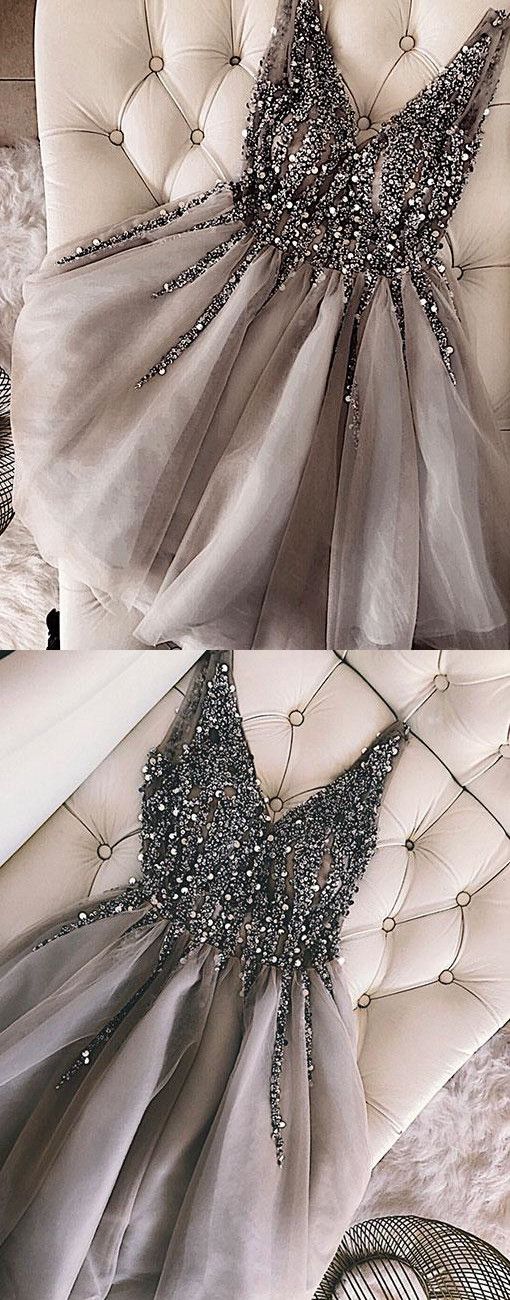 Luxurious Sequins Beaded V-neck Tulle Homecoming Dresses, Short Gray Prom Dress For Birthday Party