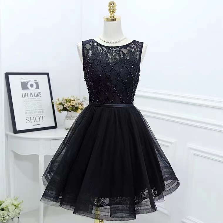 Fashion, Black Evening Dress, Lace Puffy Dress, Sleeveless Homecoming Dress