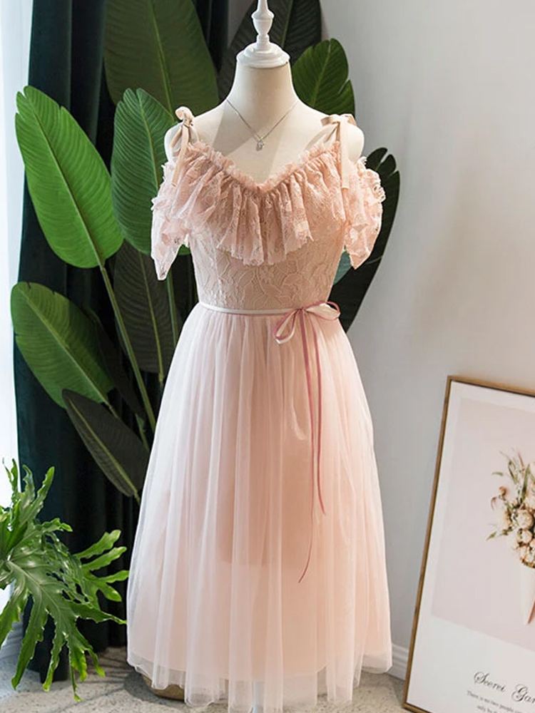Blush Pink Party Dress,Lace Short Homecoming Dress,Spaghetti Strap Dress