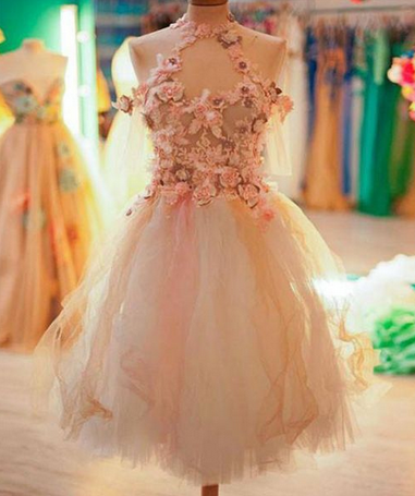 A-line Party Dress, Jewel Knee-length Tulle Homecoming Dress,cocktail Dress With Flowers, Halter Neck Evening Dress