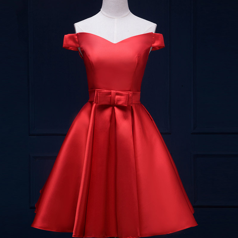 Red Short A-line Evening Dress, Square Neckline Bodice,bow Accent Belt And Lace Up Back