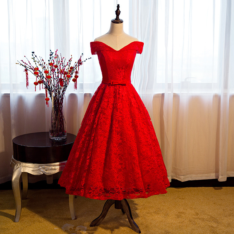 Tea Length Lace Red A Line Formal Dresses, Featuring Off The Shoulder And Lace-up Back