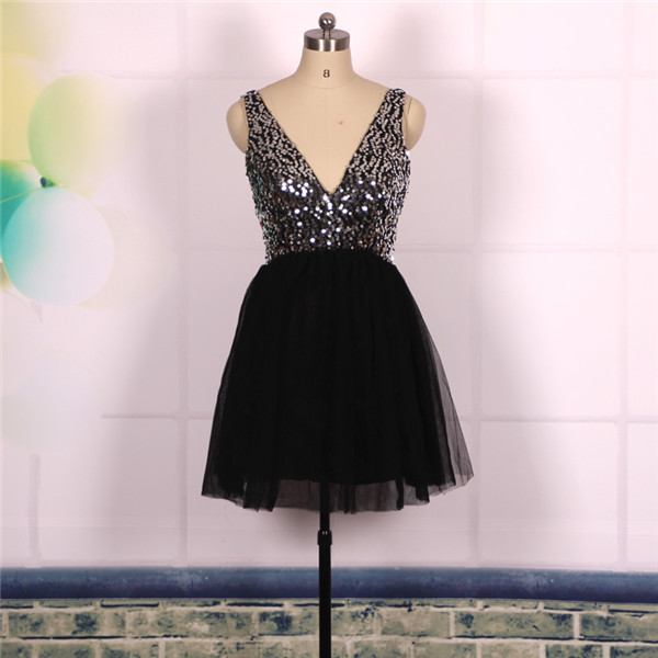 Sweetheart V Neck Ball Gown,sexy Backless Bling Bling Short Black Prom Dresses, Formal Evening Dresses, Homecoming Graduation Cocktail Party