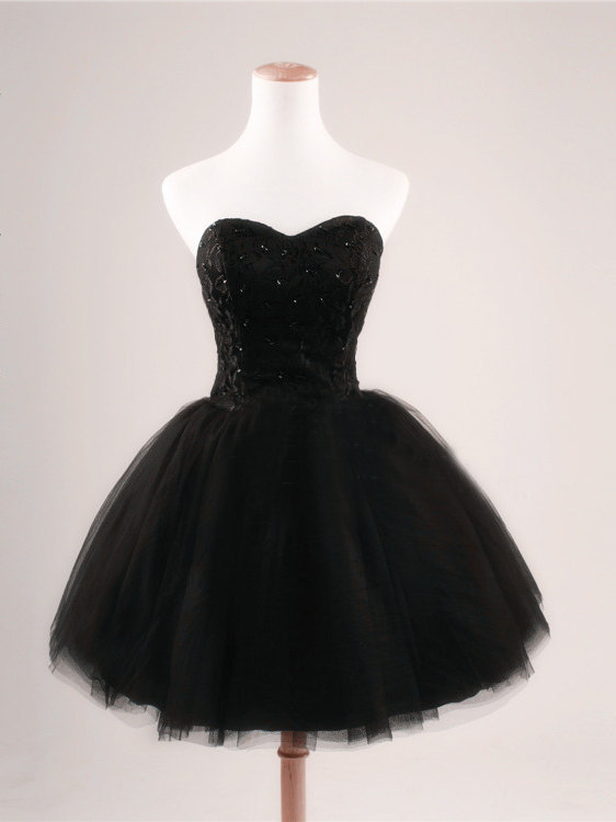 Beaded Sweetheart Ball Gown, Lace Tulle Short Black Prom Dresses, Formal Evening Dresses, Homecoming Graduation Cocktail Party Dresses