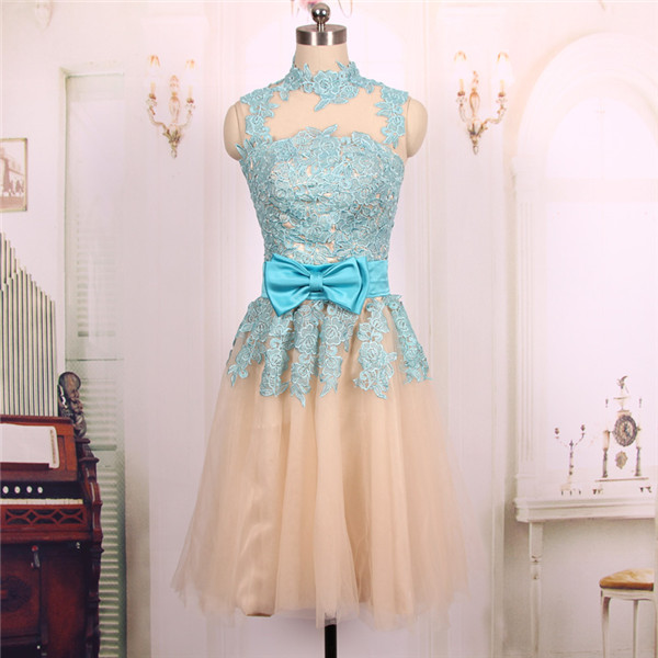 polo formal dresses Aspeed Design D713 - Short Sleeve Jewel Neck Knee Length Formal Dress