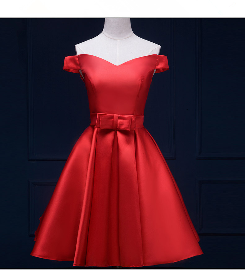 Off Shoulder Red Satin Bow Homecoming Dress, Short Fashion Women Cocktail Party Gowns