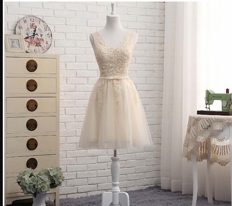 Simple Light Champagne Lace Short Homecoming Dress, V-neck Lace Up Prom Dress Short, Short Bridesmaid Dress