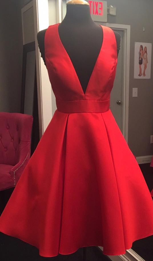 Red Satin Short Homecoming Dress, A Line V-Neck Cocktail Party Gowns, Patry Gowns With Bow