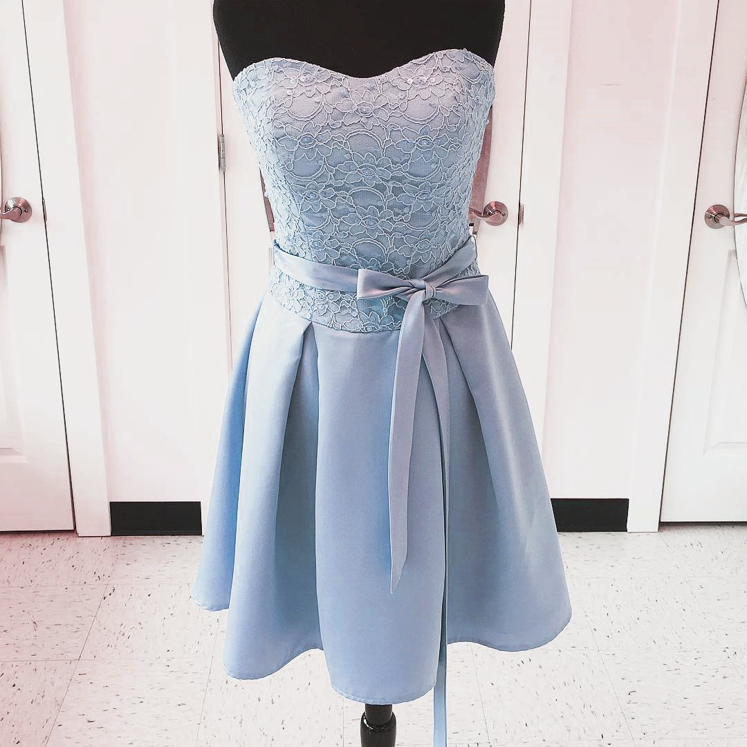 Blue Satin Short Homecoming Dress, Mini Party Gowns ,sweet Prom Party Gowns ,wedding Guest Gowns ,short Lace Party Gowns