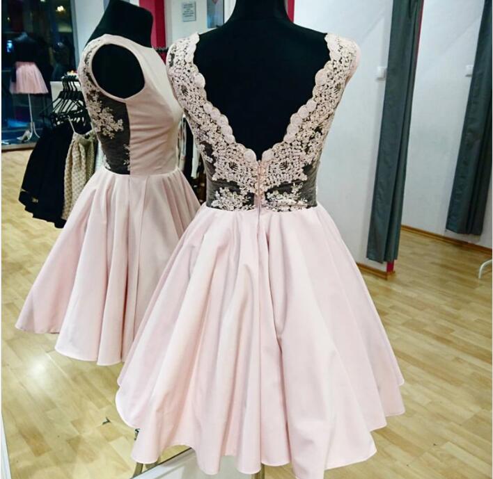 Light Pink Satin Short Homecoming Dress, Strapless Back V Mini Party Gowns, Short Cocktail Gowns, Party Gowns