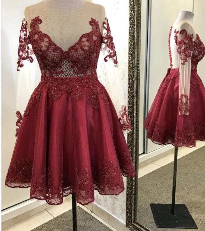 Burgundy Lace Long Sleeve Lace Short Homecoming Dress, Sheer Neck Short Party Gowns