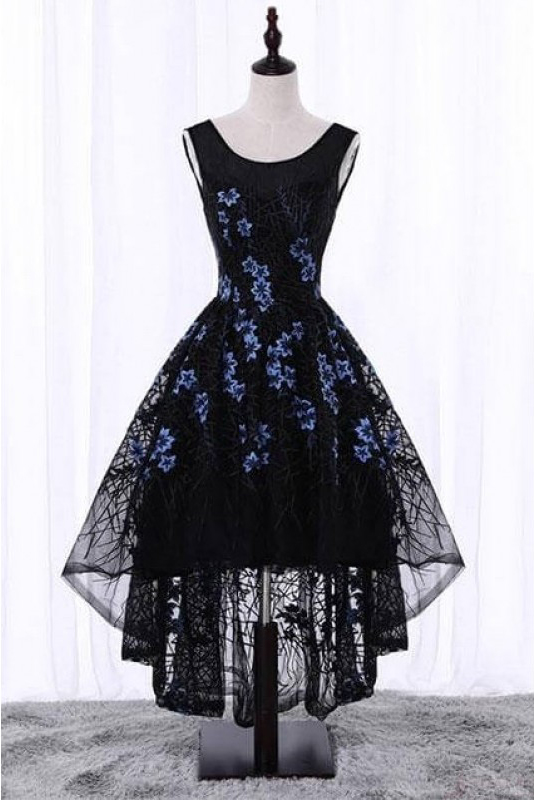 High Low Sleeveless Lace Homecoming Dress, A Line Black High Low Prom Dress, Unique High Low Graduation Dresses