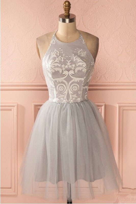 Silver Grey Halter Short Homecoming Dresses, A Line Tulle Appliqued Graduation Dress, Sweet Dress