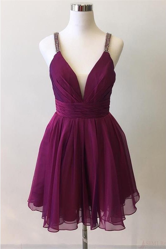 Short Chiffon Homecoming Dress With Pleats, A Line V Neck Graduation Dress With Beading Straps, Mini Pleating Homecoming Gown