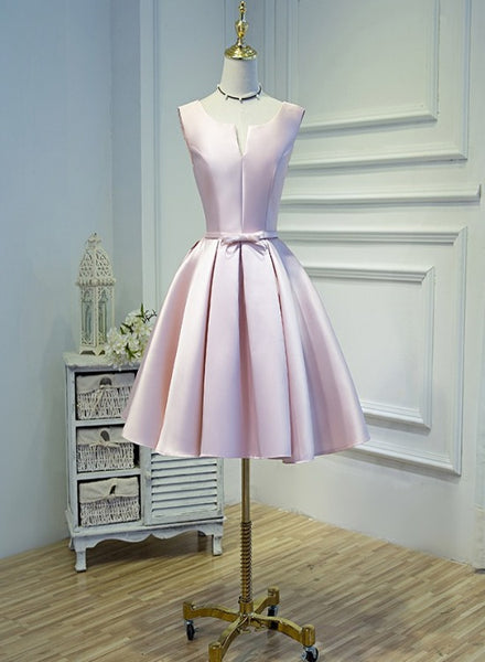 Pink Short Satin Knee Length Homecoming Dress, Pink Prom Dress
