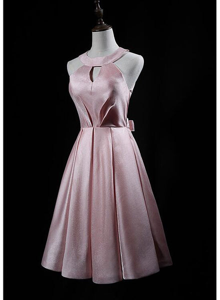 Pink Cute Short Satin Halter Homecoming Dress With Bow, Pink Prom Dress