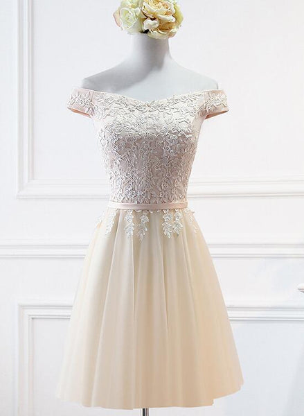 Champagne Lace Applique Off Shoulder Tulle Party Dress, Homecoming Dress, Tulle Short Prom Dress