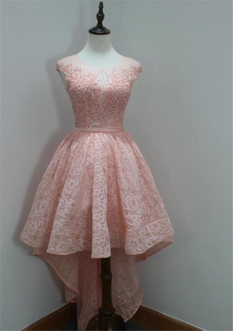 Stylish Round Neck High Low Lace Pink Evening Dress, Homecoming Dress, Prom Dress