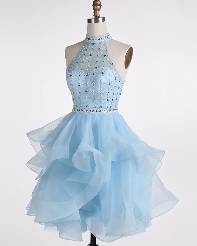Light Blue Beaded Layers Knee Length Party Dress, Blue Homecoming Dress, Short Prom Dress
