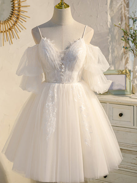Lovely White Tulle With Lace V-neckline Short Prom Dress, Party Dress, Cute Homecoming Dress