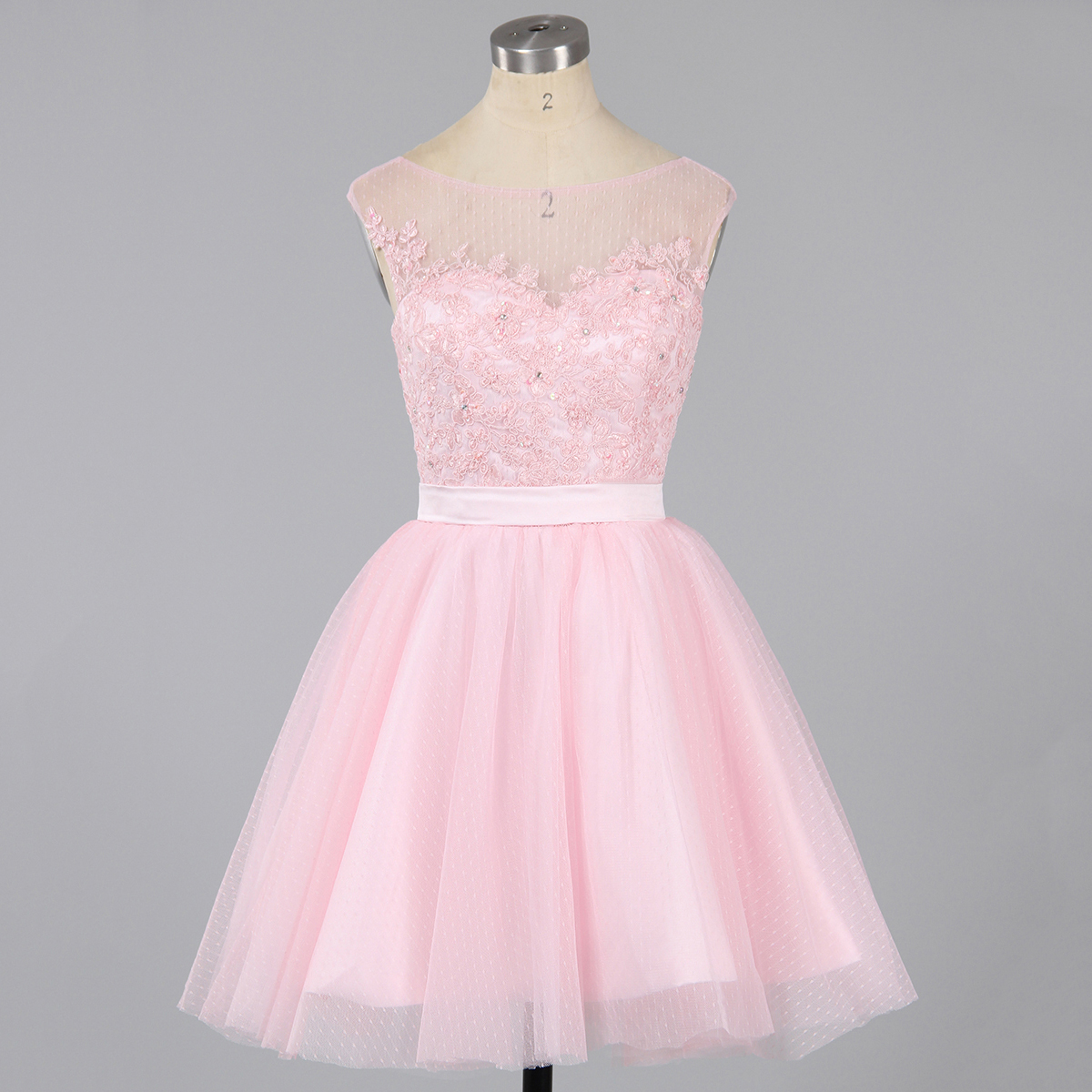 Baby Pink Cocktail Dress, Tulle Graduation Dress, Neckline Lace Evening Dress, A-line Short Homecoming Dress