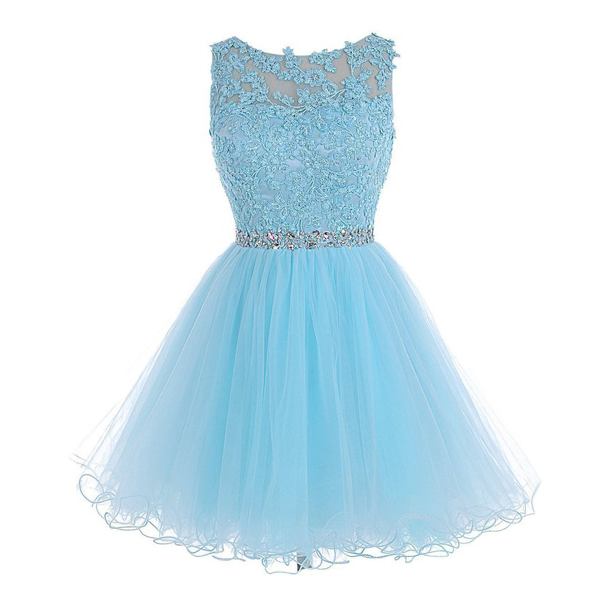 Sleeveless A-line Beaded Short Homecoming Dress With Lace Bodice In Aqua Blue