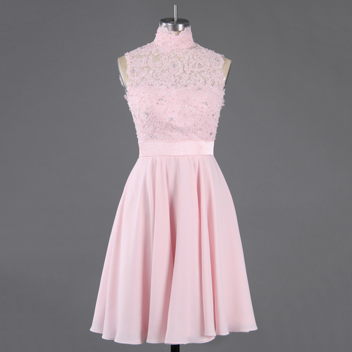 Pink High Neck Lace Applique And Beaded Chiffon A-line Short Cocktail Dress, Graduation Dress, Evening Dress, Homecoming Dress