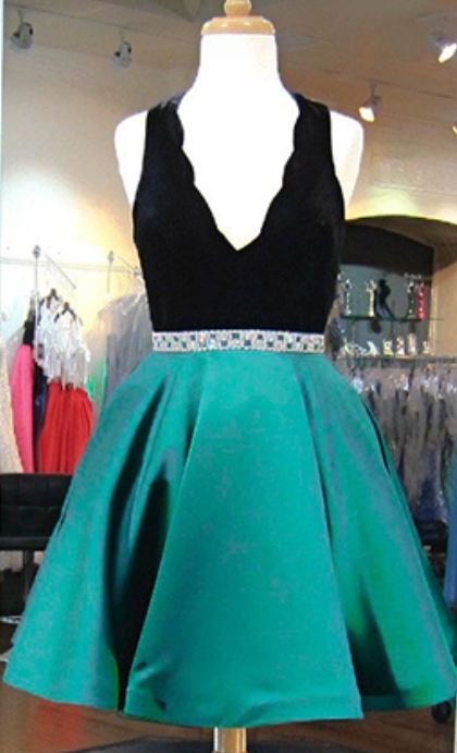 Short Homecoming Dress,prom Dress With Beadings,prom Gowns, Black Velour Green Satin Prom Dress