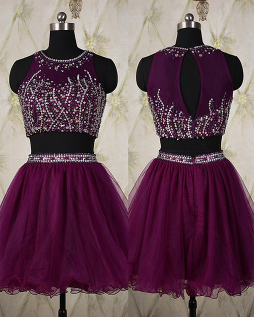 Purple Prom Dresses, Short Tulle Homecoming Dresses, Two Pieces Prom Dresses, Sexy Prom Dresses