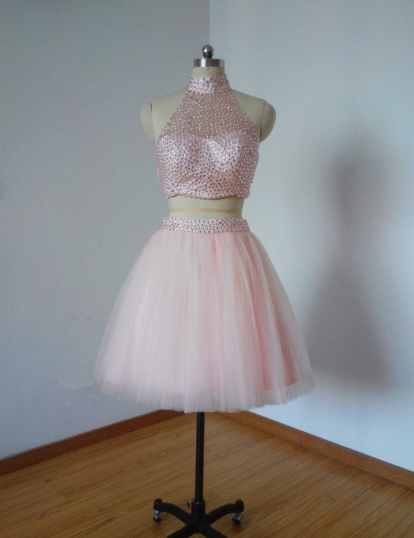 Pink Prom Dresses, Short Tulle Homecoming Dresses, Two Pieces Prom Dresses, Sexy Prom Dresses