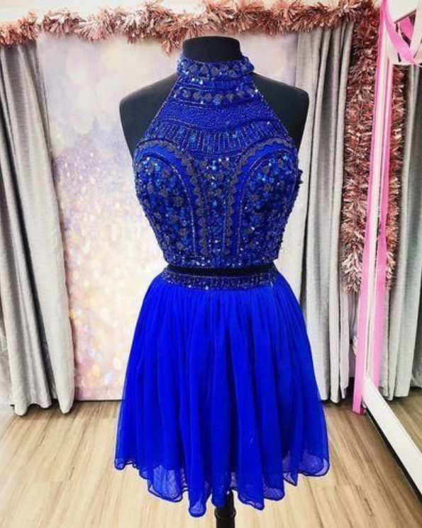 Royal Blue Beaded Short Homecoming Dress, Two Piece Homecoming Dresses