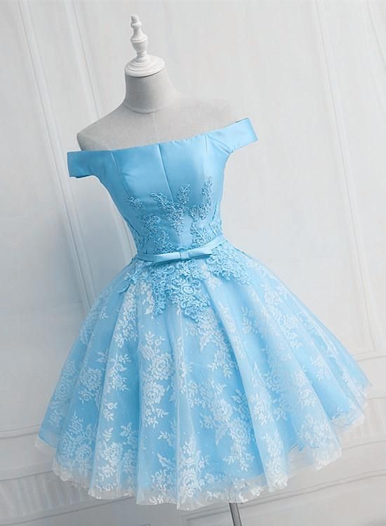 Light Blue Lace And Satin Short Party Dress, Blue Prom Dress Homecoming Dress
